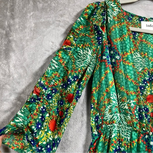 ba&sh Happy Dress Tiered Ruffle Shimmer Metallic High Low Midi Sz 3 Large Green - Picture 5 of 11